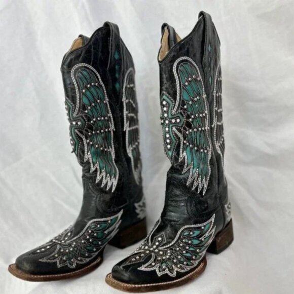 Corral Black w/Turquoise Wing Inlay & Crystal Studded Cross Heeled Boots Size: 7 - Picture 4 of 8